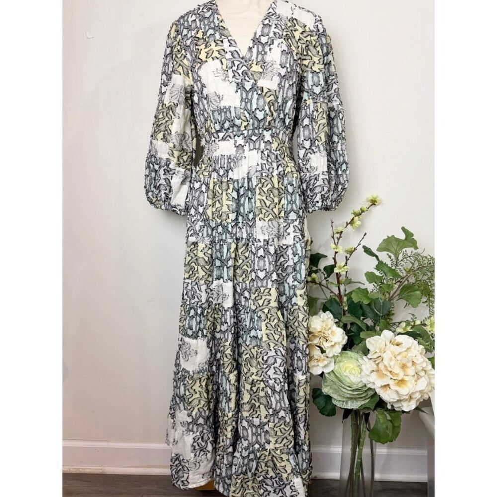 Anthropologie Medium Textured Midi Dress Patchwork Tiered wrap Boho - Picture 1 of 13